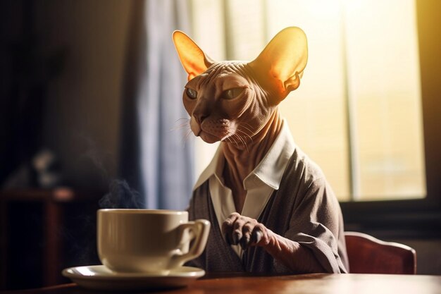 Eine gekleidete Sphinx-Katze trinkt zu Hause Kaffee im morgendlichen Sonnenlicht, generiert von KI