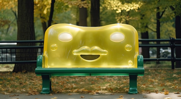 eine gelb-grüne Bank mit Schnurrbart und Schnurrbart