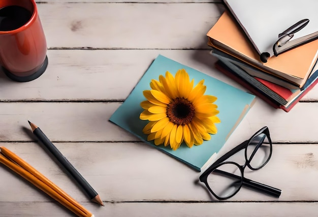 eine gelbe Blume ist auf einem Stück Papier neben einem Paar Gläser