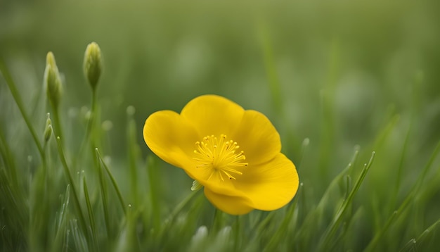 eine gelbe Blume ist im Gras mit dem grünen Gras im Hintergrund