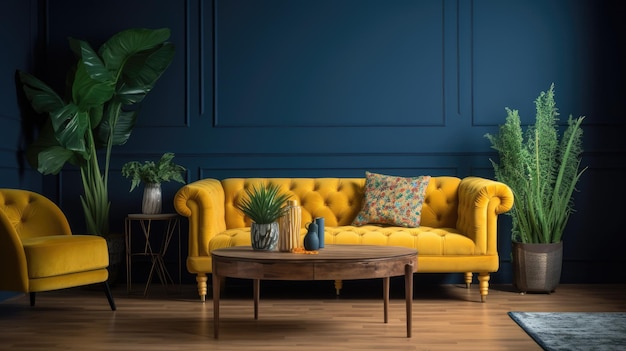 Eine gelbe Couch in einem Wohnzimmer mit einer blauen Wand dahinter.