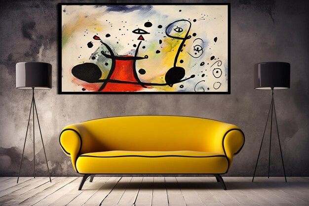 Eine gelbe Couch mit einem Gemälde einer Frau und einem roten Stuhl.