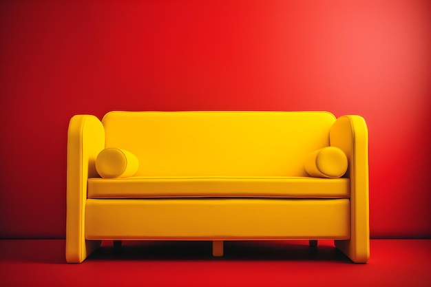 Eine gelbe Couch mit rotem Hintergrund