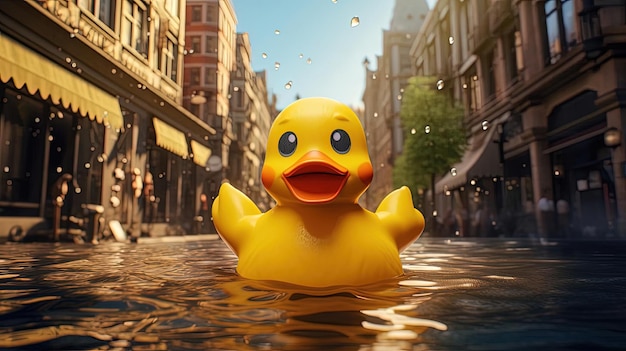eine gelbe Ente im Wasser im Stil fotorealistischer Stadtlandschaften