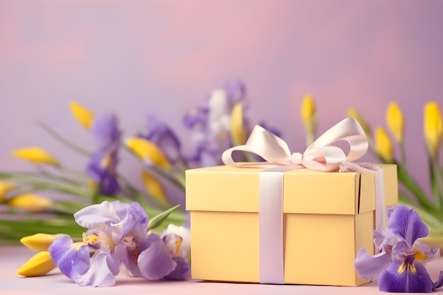 Eine gelbe Geschenkbox mit einem Band und Irisblumen