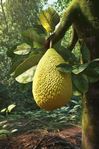 Eine gelbe Guavenfrucht hängt an einem Baum im Dschungel.