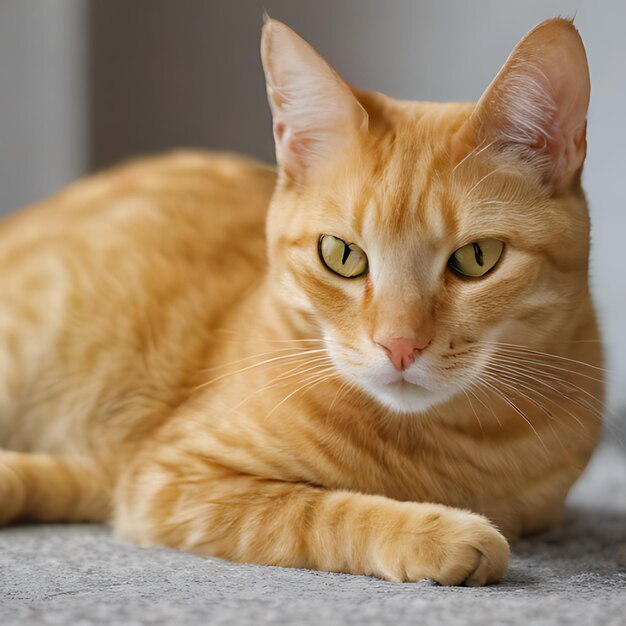 eine gelbe Katze mit grünen Augen, die auf einem Teppich liegt