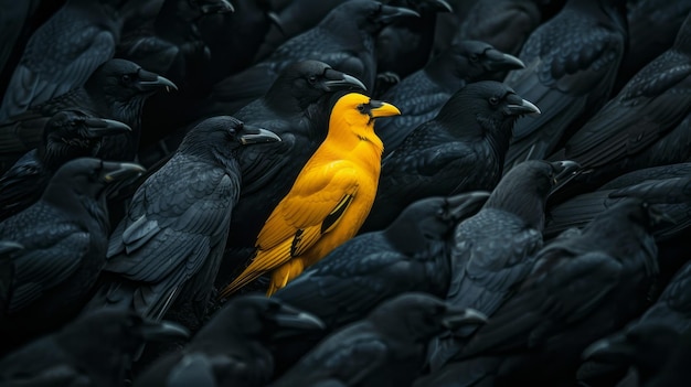 Eine gelbe Krähe allein in einer Menge schwarzer Krähen Konzept, sich aus der Menge als Anführer hervorzuheben