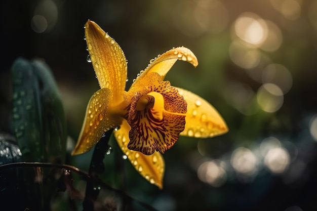 Eine gelbe Orchidee mit Wassertropfen darauf