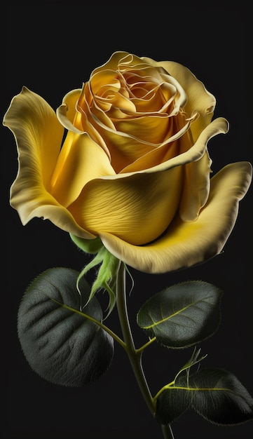 Eine gelbe Rose mit einem grünen Blatt darauf