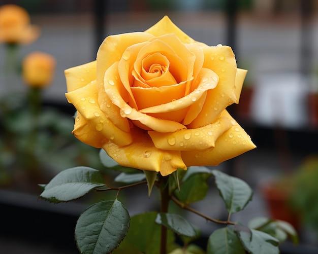 Eine gelbe Rose mit Wassertropfen darauf