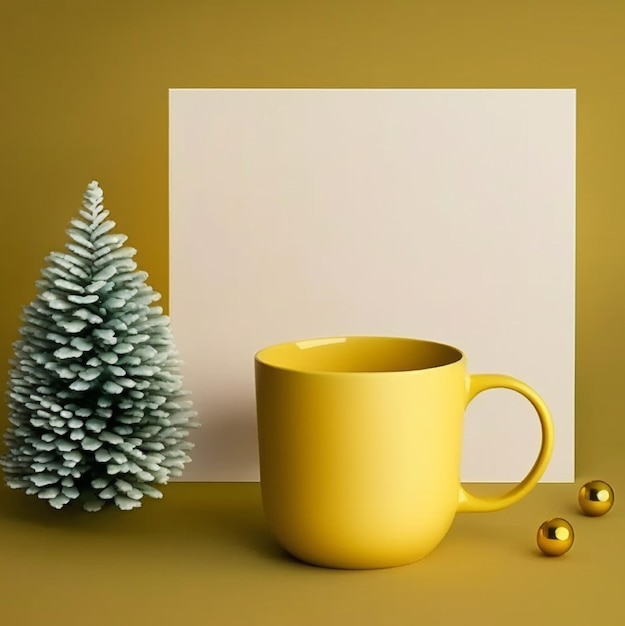 Eine gelbe Tasse und ein weißes Gemälde mit einem Baum und einer weißen Karte.