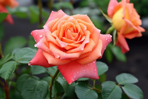 eine gelbe und orange Rose mit Wassertropfen darauf