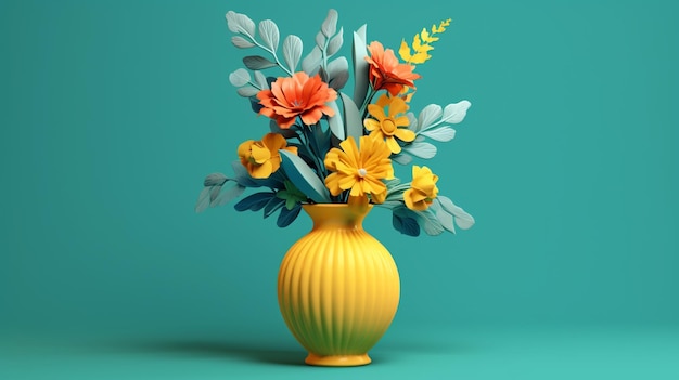 Eine gelbe Vase mit Blumen darin und einem grünen Hintergrund.