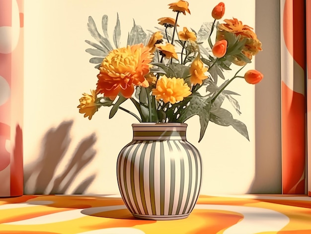 Eine gelbe Vase mit Blumen im Stil redaktioneller Illustrationen