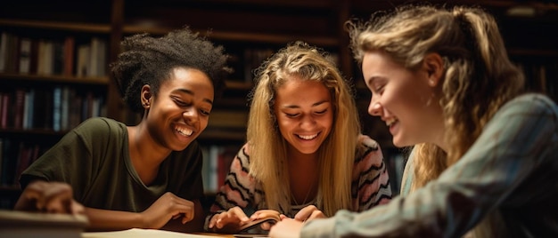 eine gemischte Gruppe von Studenten, die gerne zusammenarbeiten und an einem Projekt an der Universität zusammenarbeiten