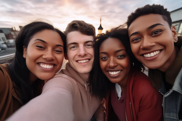 Eine gemischtrassige Gruppe von Freunden macht ein Selfie auf einer Stadtstraße