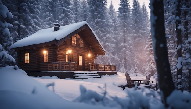 Eine gemütliche Blockhütte in einem schneebedeckten Wald mit warmen Lichtern, die im Winter aus den Fenstern leuchten