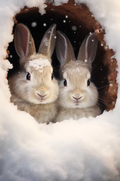 Eine gemütliche Höhle, in der sich eine Kaninchenfamilie im Winter wärmt.