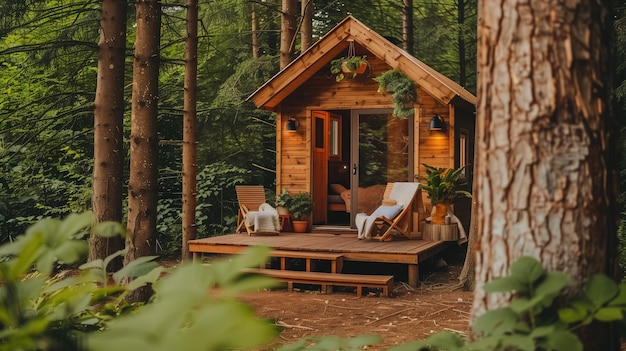 Foto eine gemütliche holzhütte in einer ruhigen waldumgebung