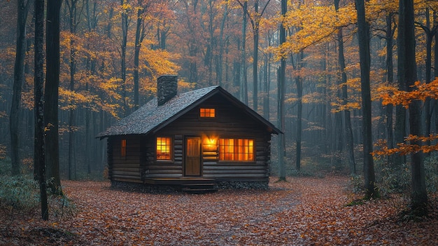 Eine gemütliche Hütte, die warm in einem nebligen Herbstwald leuchtet
