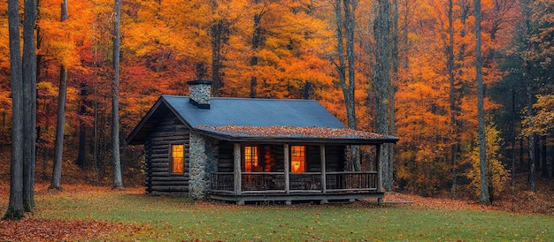 Eine gemütliche Hütte in einem lebendigen Herbstwald