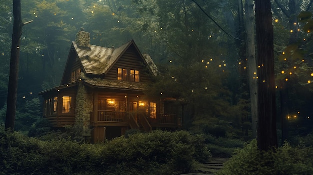 Eine gemütliche Hütte inmitten von üppigem Grün und Glühwürmchen Ein bezauberndes Rückzugsort im Wald