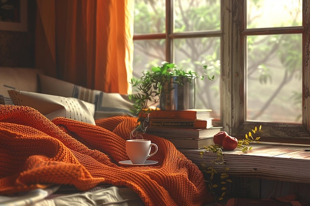 Eine gemütliche Leseknüpfe mit einer warmen Decke und Tee octa