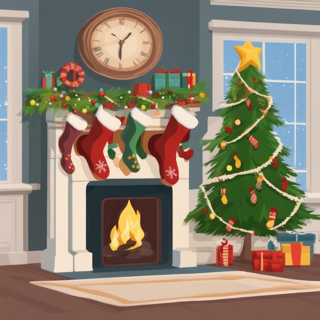 Eine gemütliche, luxuriöse und moderne Wohnzimmereinrichtung mit Geschenkboxen unter einem geschmückten Weihnachtsbaum