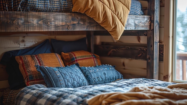 Eine gemütliche Nahaufnahme eines robusten Doppelbettes, das mit sportlicher Bettwäsche geschmückt ist und das Abenteuer zeigt