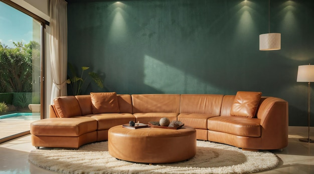 Eine gemütliche Studio-Couch mit bunten Kissen und einem eleganten Couchtisch sitzt an einer Wand in einem stilvollen Wohnzimmer, das perfekt ist, um am Fenster zu schlafen oder Gäste zu empfangen