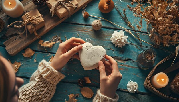 eine gemütliche Szene von jemandem, der ein hausgemachtes Geschenk für den Weißen Tag herstellt