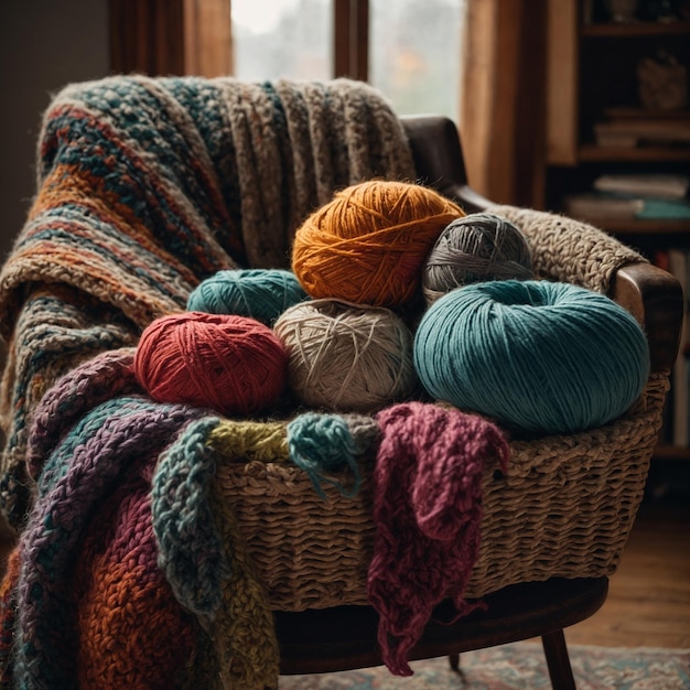 Foto eine gemütliche wohnzimmerszene mit einem korb überfüllt mit farbenfrohen schichten von garn stricknadeln eine