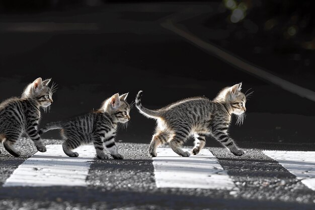 eine generative Mutterkatze und ihre Kätzchen überqueren eine Zebrastrecke