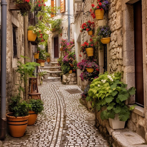 Eine gepflasterte Straße mit Topfpflanzen und Blumen, die an der Seite des Gebäudes hängen.