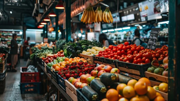 Eine geschäftige Bauernmarkt mit frischen Produkten, die von KI generiert wurden