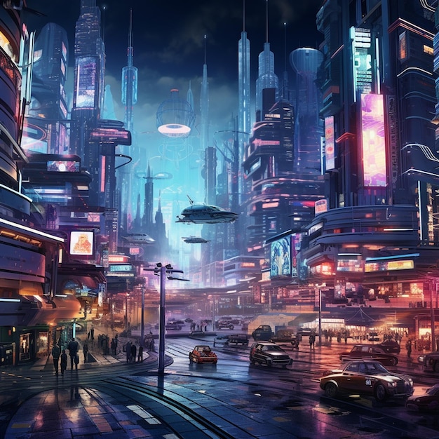 Eine geschäftige Cyberpunk-Stadtlandschaft mit Neonlichtern, die ein schnelles Auto fliegen
