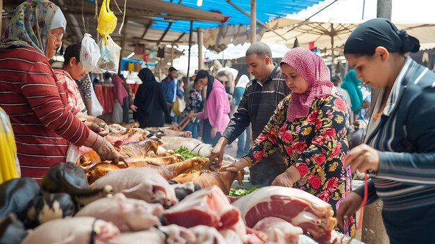 Eine geschäftige Marktszene mit Menschen, die Fleisch kaufen und verkaufen, die Verkäufer tragen traditionelle Kleidung und es gibt viel Schnäppchen.