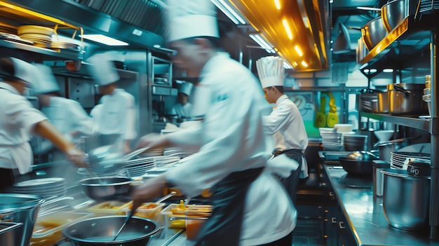 Foto eine geschäftige restaurantküche mit küchenchefs in bewegung