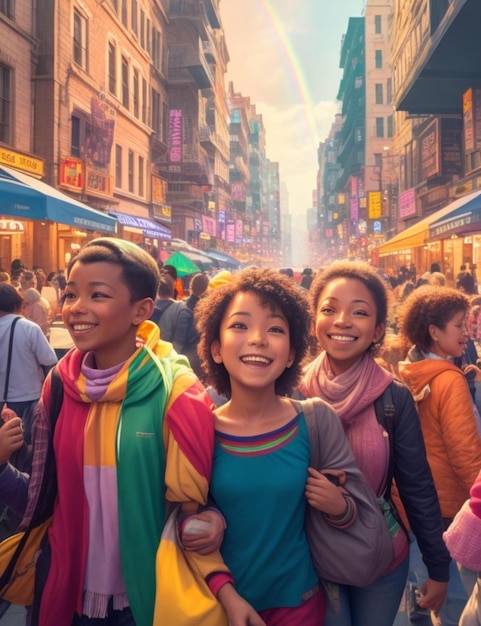 Eine geschäftige Stadtstraße, die von einem Regenbogen von Farben beleuchtet wird, mit Menschen aller Altersgruppen, Rassen und Rassen