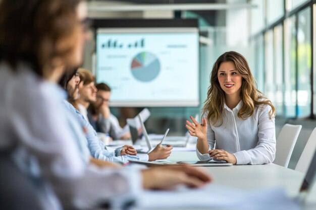 Eine Geschäftsfrau hält eine Präsentation vor einer Gruppe von Leuten, die an einem Konferenztisch sitzen