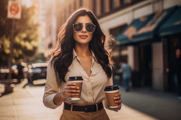 Eine Geschäftsfrau in Shorts und einem Hemd geht mit einer Tasse Kaffee in der Hand durch die Stadt