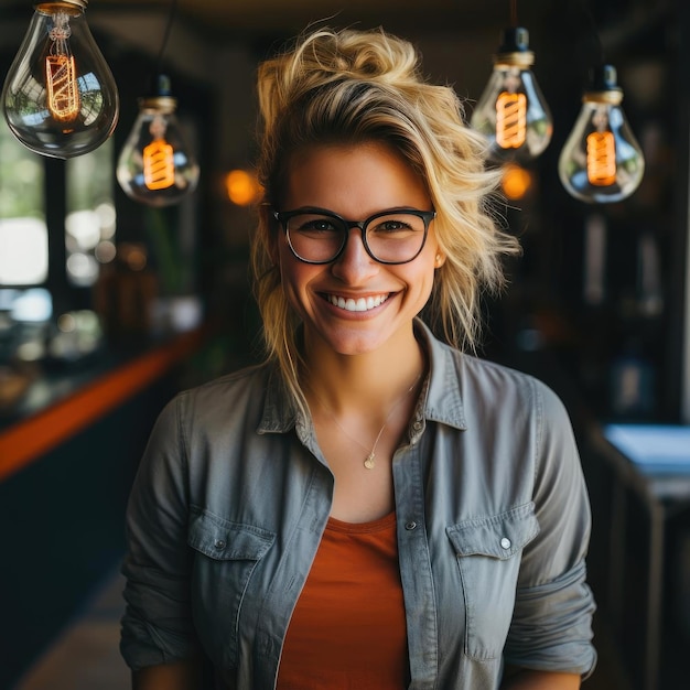 Eine Geschäftsfrau mit Brille lächelt unter den Lichtern des Cafés