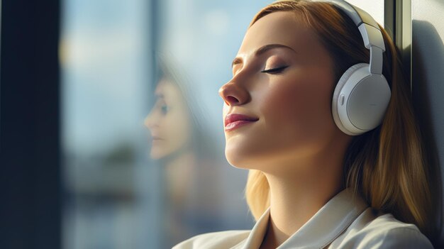 Eine Geschäftsfrau mit Kopfhörern hört Musik und entspannt sich auf einem Stuhl am Fenster im Büro. Erstellt mit generativer KI-Technologie