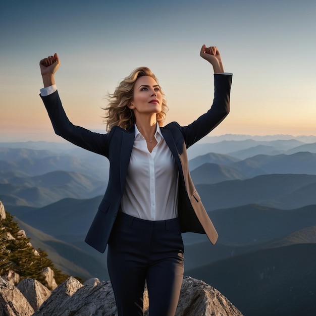 Eine Geschäftsfrau steht triumphierend auf dem Gipfel eines Berges, der die Errungenschaft ihres