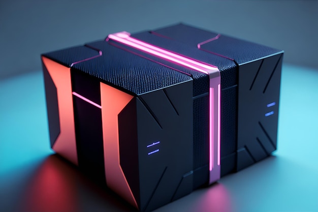 Eine Geschenkbox im Cyberpunk-Stil auf dunklem Hintergrund