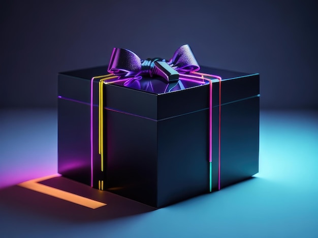 Eine Geschenkbox im Cyberpunk-Stil auf dunklem Hintergrund