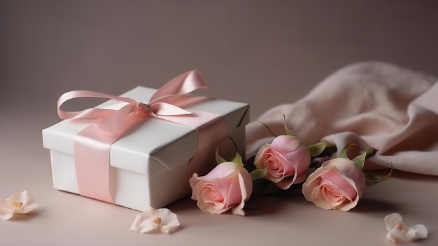 Eine Geschenkbox mit einer rosa Schleife und einem Rosenstrauß darauf