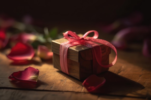 Eine Geschenkbox mit einer roten und einer rosa Schleife darum gebunden.