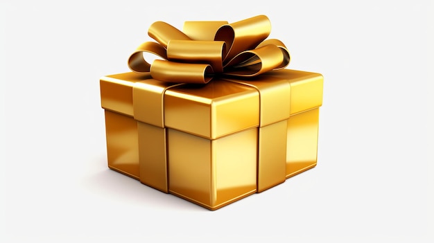 Eine Geschenkbox mit goldenem Band und Schleife auf weißem Hintergrund. Generative KI